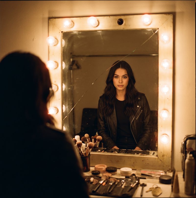 Nova Rai reflected in a dressing-room mirror lined with bulbs