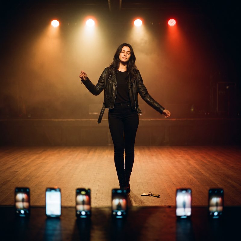 Nova Rai dancing on an empty stage with phones glowing at the edge