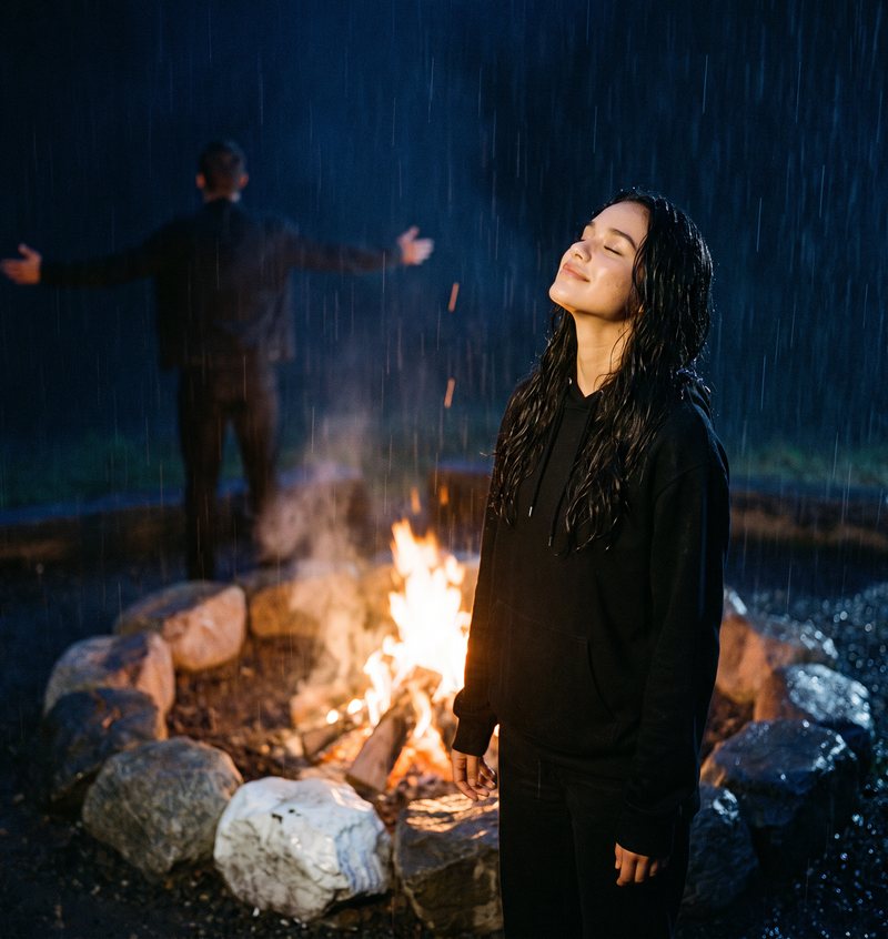 Nova Rai in the rain by a fire, eyes closed, a man's shadow with open arms behind her