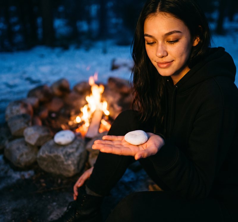 Nova Rai by a fire in the snow, holding a white stone in her open hand
