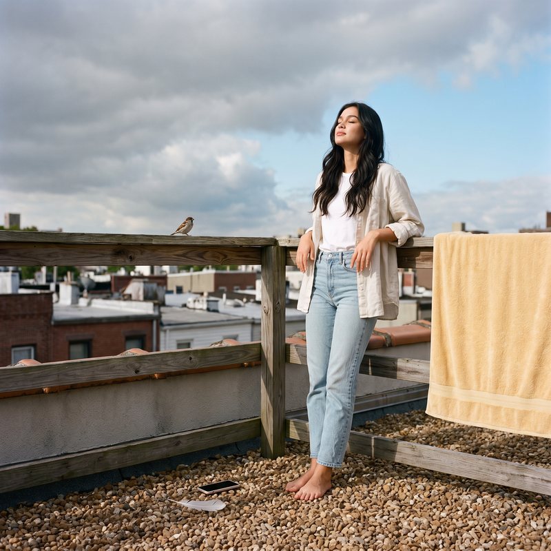 Nova Rai barefoot on a rooftop with clouds and drying laundry, looking at the sky
