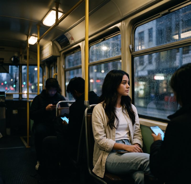 Nova Rai on a night tram among people lit by their phones, looking out of the window