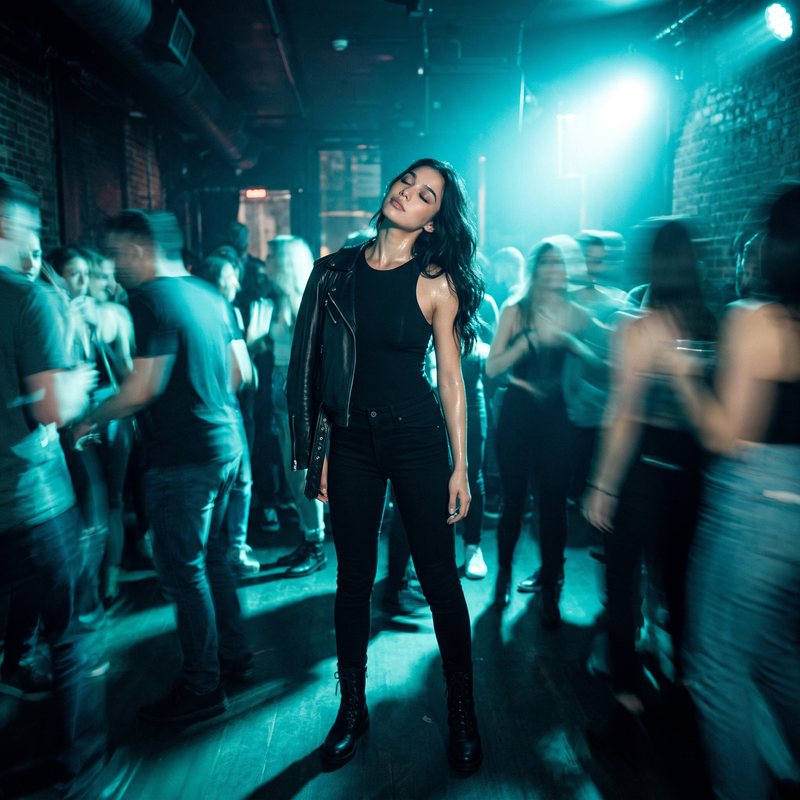 Nova Rai in a dancing crowd under cyan club lights, eyes closed