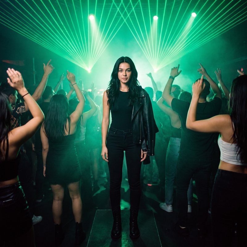 Nova Rai standing still under green lasers in a dancing crowd