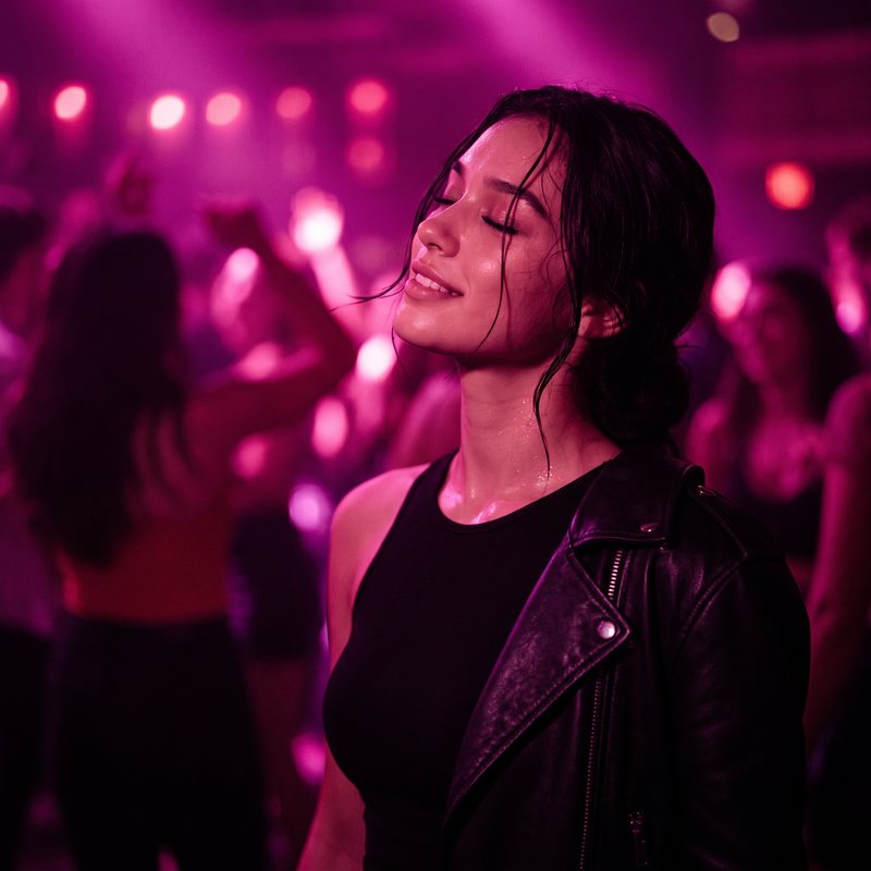 Nova Rai with her eyes closed, smiling in magenta club light