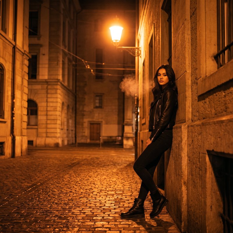 Nova Rai leaning on a wall in an old town alley under a street lamp at night