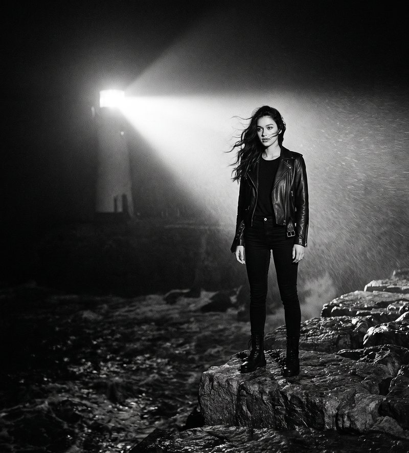 Nova Rai on the rocks of a sea wall at night in the beam of a lighthouse, in black and white