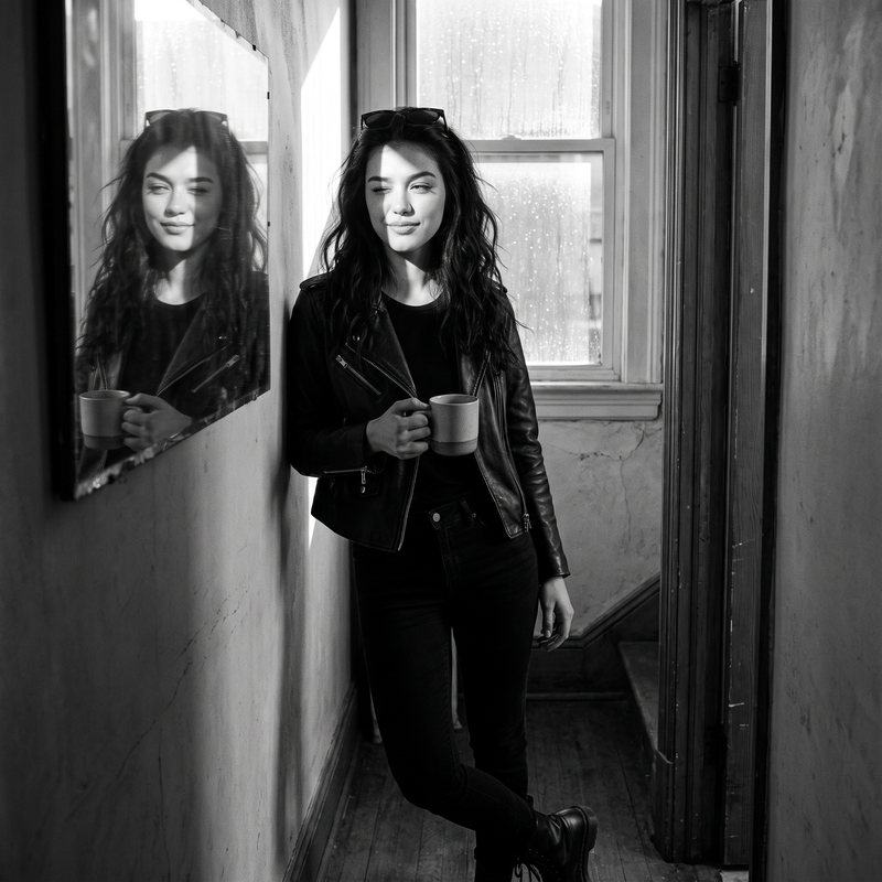 Nova Rai leaning by a mirror with a mug, her reflection beside her, in black and white