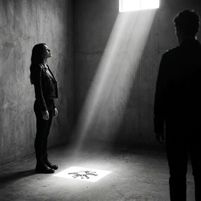 Nova Rai in a concrete room with a shaft of light between her and a man's shadow, in black and white