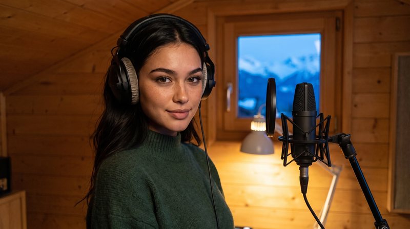 Nova Rai between takes in a chalet studio with headphones on, the mountains in the window
