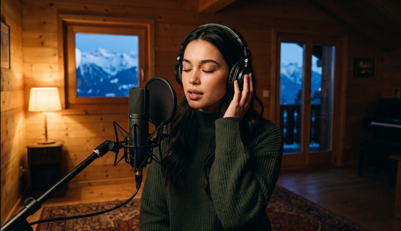 Nova Rai singing with her eyes closed in a wooden chalet studio, snowy peaks in the window