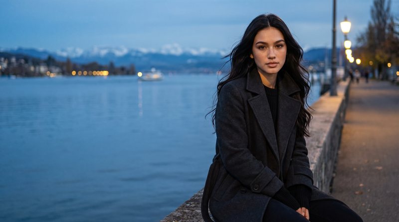 Nova Rai on the lake wall in Zurich at blue hour, the water and the Alps behind her