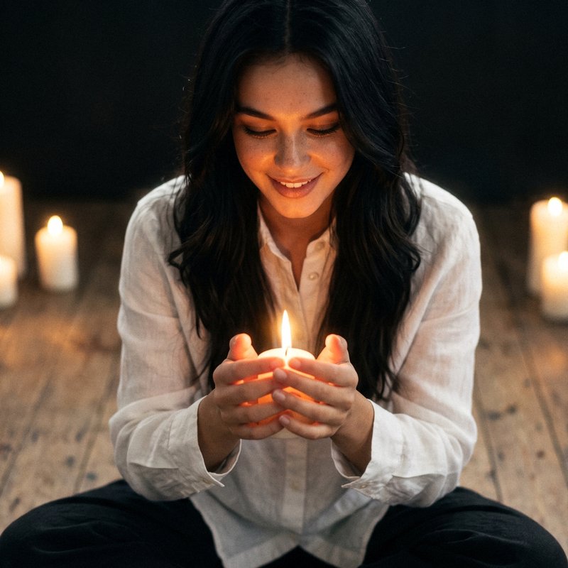 Nova Rai dancing barefoot on a wooden floor, arms wide and smiling, candles blurred into lines of light around her