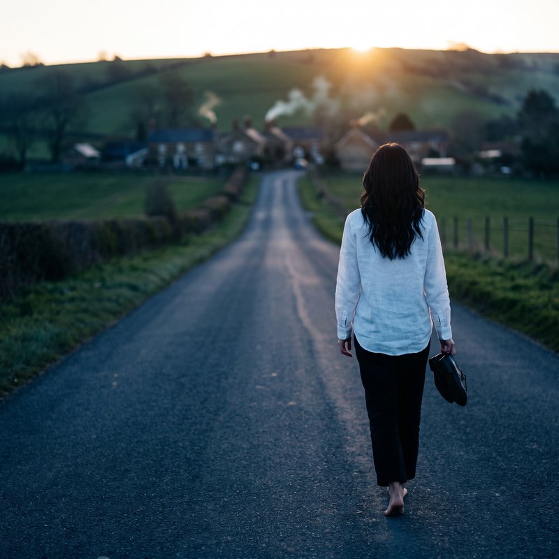 Nova Rai seen from behind, walking barefoot down a country road at sunrise toward a village, her shoes in her hand