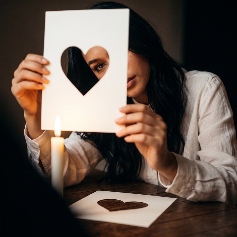 Nova Rai holding up a sheet of white paper with a heart cut out of it, her eye looking through the heart, a candle in front