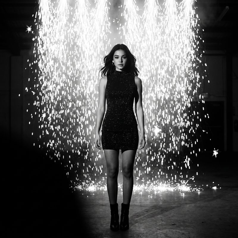 Nova Rai standing under a falling fountain of sparks in a dark room, in black and white