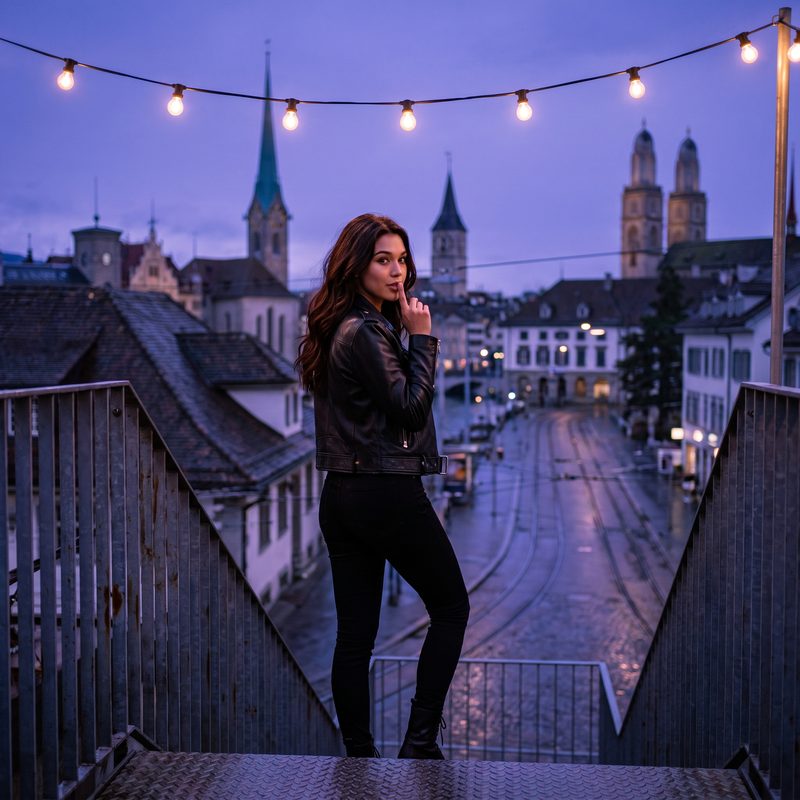 Nova Rai on a rooftop terrace at violet dusk under string lights, the old town and its church spires behind her, a finger to her lips