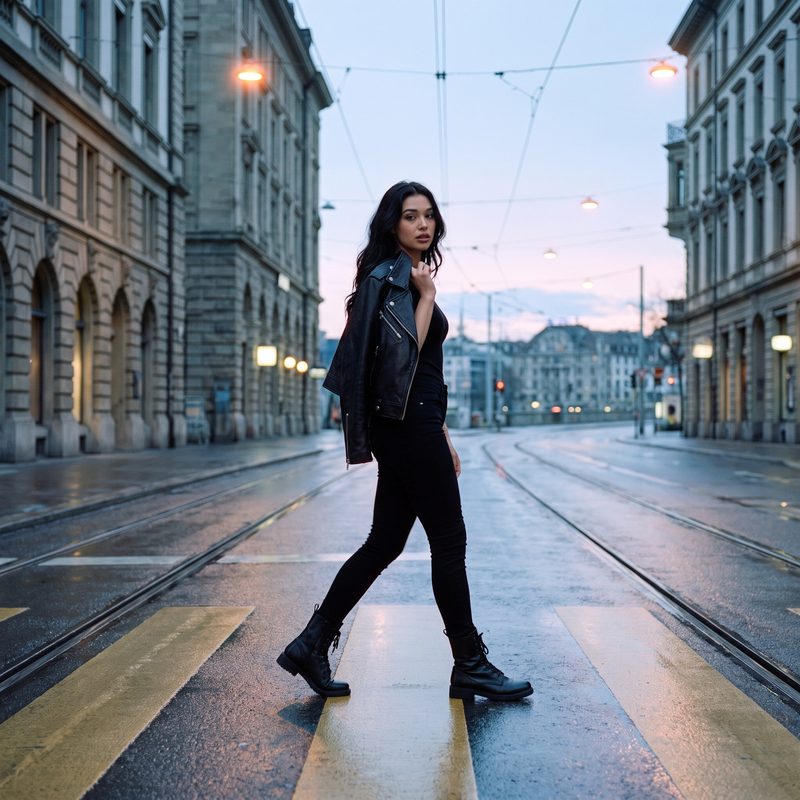 Nova Rai walking across wet tram tracks on an empty city street at dawn, her leather jacket over one shoulder
